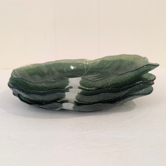 Set of 4 Vintage Green Glass Cabbage Leaf Shaped Serving Dishes Appetizer Plates - Picture 9 of 16